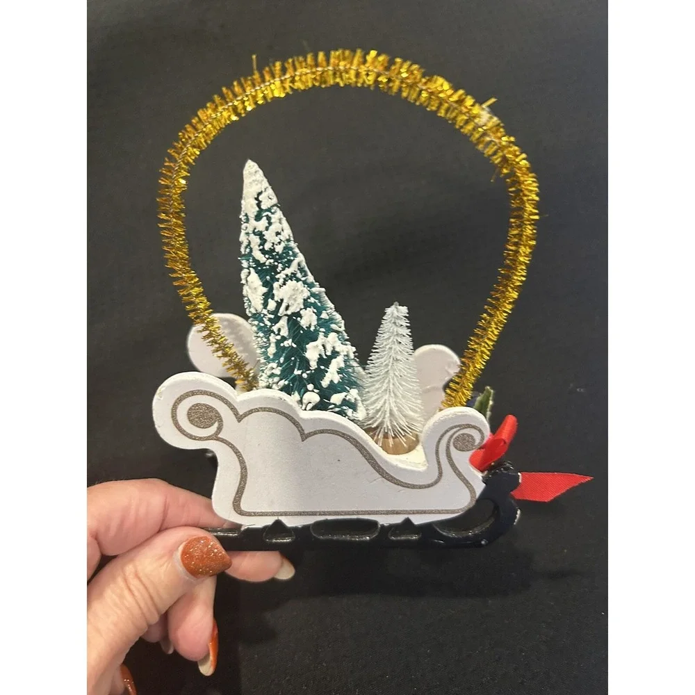 Vtg Christmas Ornaments Lot of 3 Mini Sled w Bottle Brush Trees + 2 Star Shapes